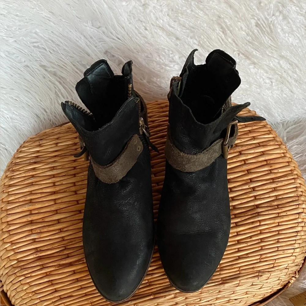 Black Distressed Leather Ankle Booties with Buckle Detail